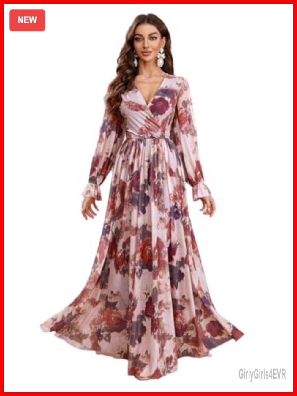 Women Boho Maxi Dress V Neck Long Sleeve Ruffle Floral Print Summer Casual